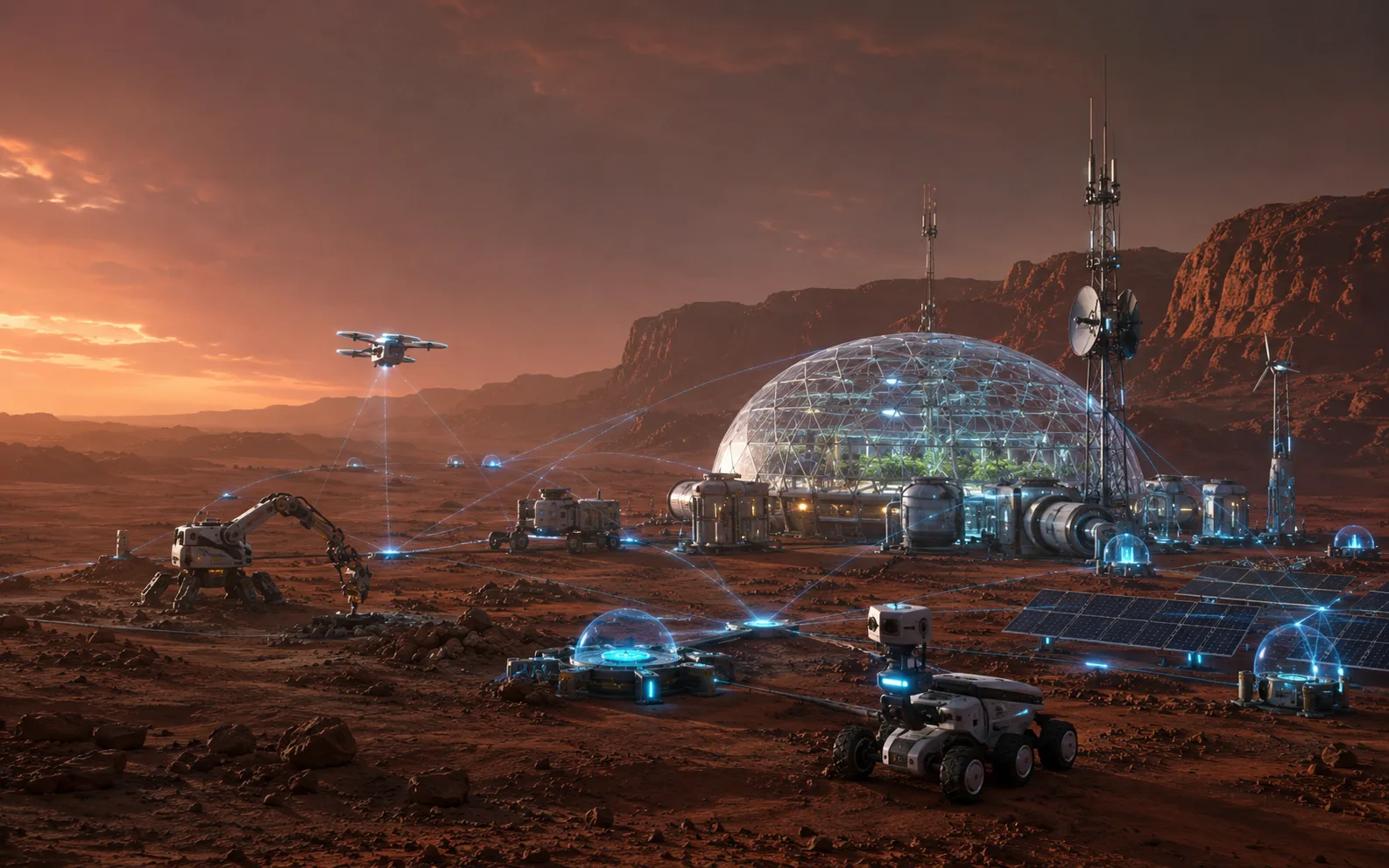 Controlled MarsNet concept art for robot-first habitat governance